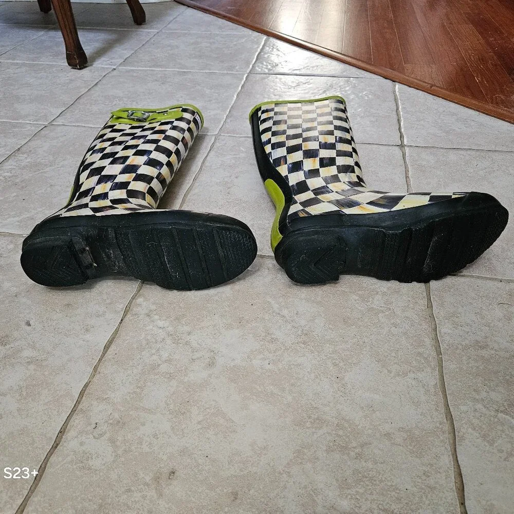 VERY RARE MACKENZIE CHILDS HUNTER COURTLY CHECK GREEN TALL RAIN BOOTS WELLIES 8